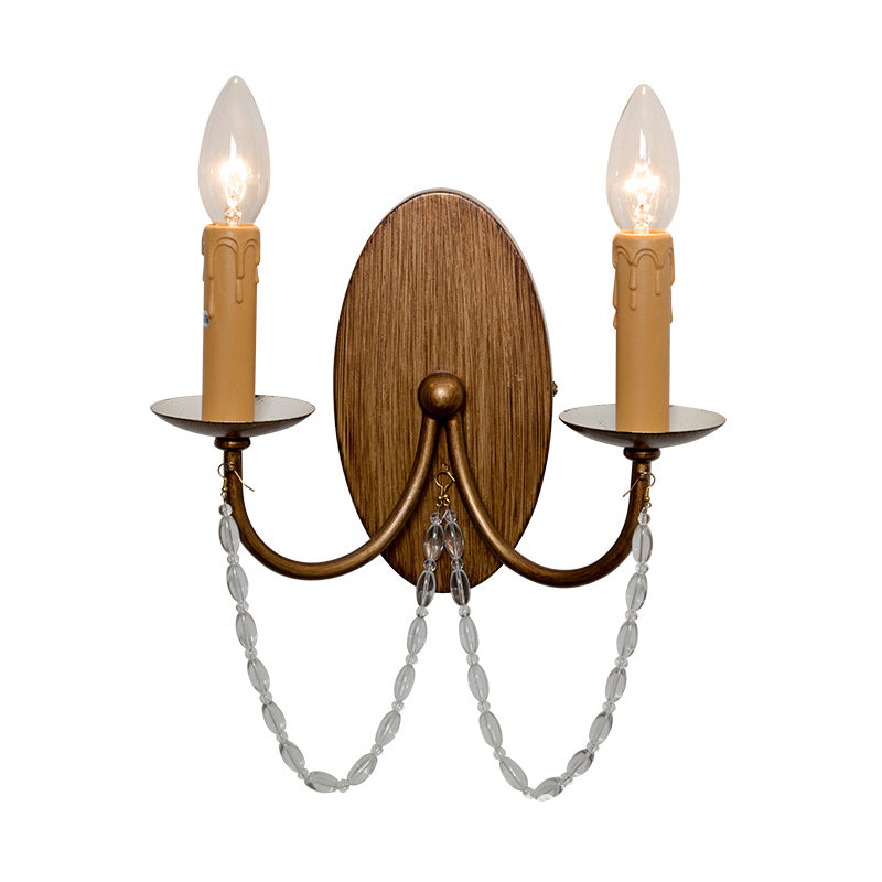 Rustic Wood Candle Wall Sconce - Crystal Bead, 2 Lights, Hallway Wall Mount Lamp