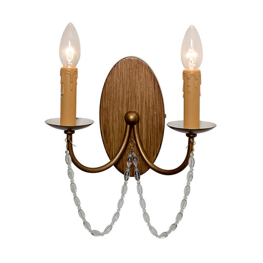Rustic Wood Candle Wall Sconce - Crystal Bead, 2 Lights, Hallway Wall Mount Lamp