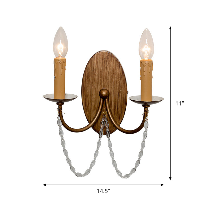 Rustic Wood Candle Wall Sconce - Crystal Bead, 2 Lights, Hallway Wall Mount Lamp
