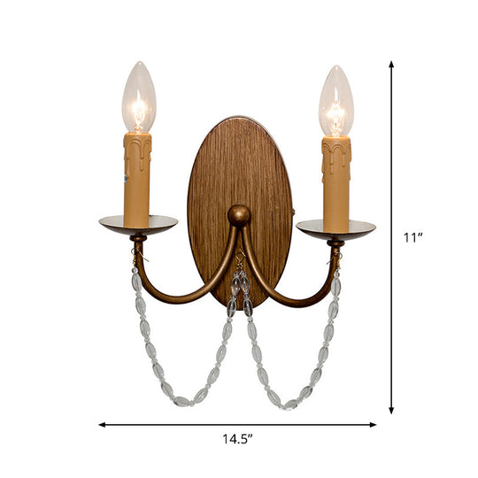 Rustic Wood Candle Wall Sconce - Crystal Bead, 2 Lights, Hallway Wall Mount Lamp