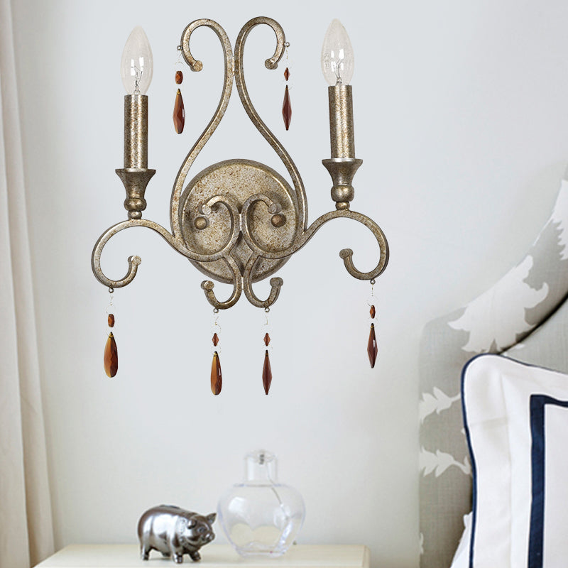 Rustic Amber Crystal Candlestick Wall Lamp - Aged Silver 2-Head Wall Mounted Light Fixture