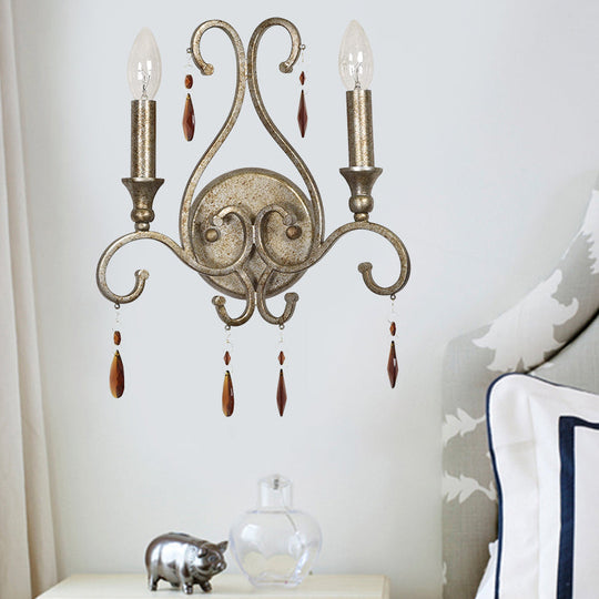 Rustic Amber Crystal Candlestick Wall Lamp - Aged Silver 2-Head Wall Mounted Light Fixture