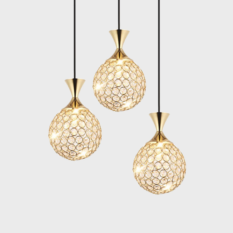 Modern Gold Crystal Globe Cluster Pendant Light – Dining Room Ceiling Lamp, 3/5 Bulbs