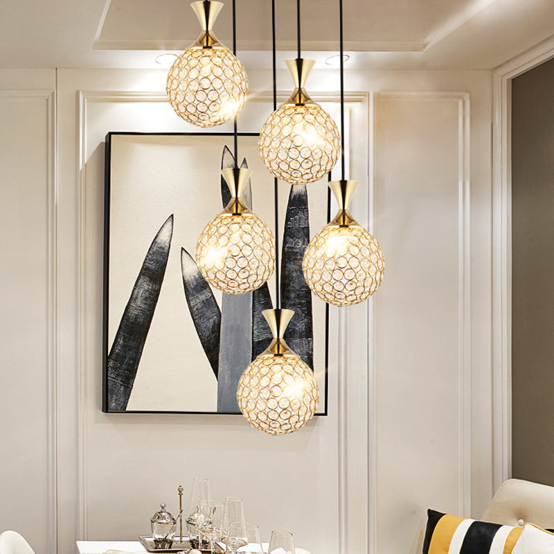 Modern Gold Crystal Globe Cluster Pendant Light – Dining Room Ceiling Lamp, 3/5 Bulbs
