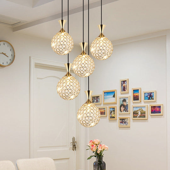 Modern Gold Crystal Globe Cluster Pendant Light – Dining Room Ceiling Lamp, 3/5 Bulbs