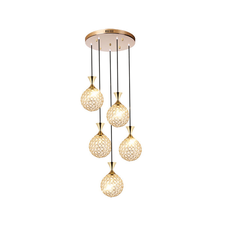 Modern Gold Crystal Globe Cluster Pendant Light – Dining Room Ceiling Lamp, 3/5 Bulbs