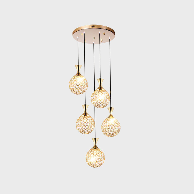 Modern Gold Crystal Globe Cluster Pendant Light – Dining Room Ceiling Lamp, 3/5 Bulbs