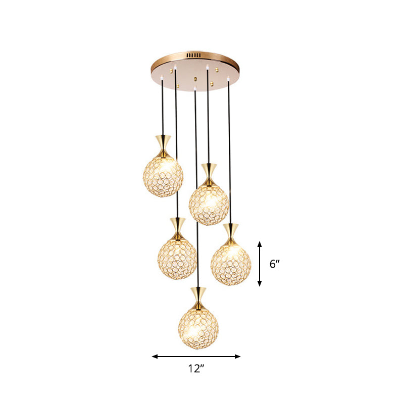 Modern Gold Crystal Globe Cluster Pendant Light – Dining Room Ceiling Lamp, 3/5 Bulbs