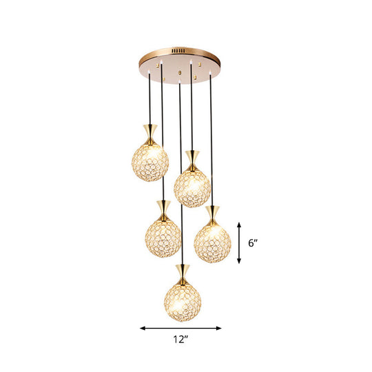 Modern Gold Crystal Globe Cluster Pendant Light – Dining Room Ceiling Lamp, 3/5 Bulbs
