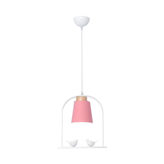 Metal Bird Cage Down Lighting Pendant Lamp with Small Barrel Shade in White/Black/Grey Finish