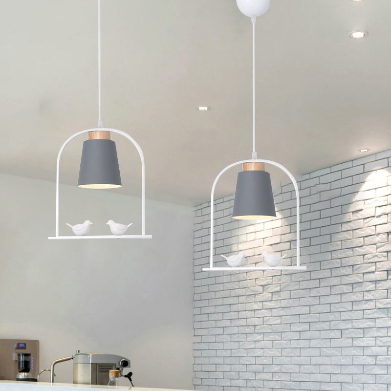 Metal Bird Cage Down Lighting Pendant Lamp with Small Barrel Shade in White/Black/Grey Finish