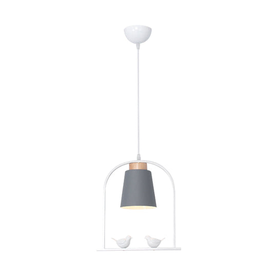 Metal Bird Cage Down Lighting Pendant Lamp with Small Barrel Shade in White/Black/Grey Finish