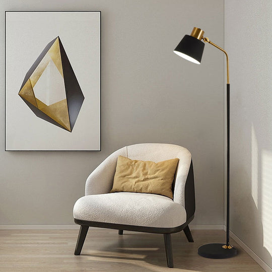 Small Barrel Black Floor Lamp with Modernist Metallic Stand – Ideal for Bedroom Lighting