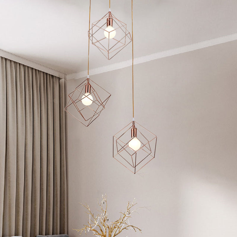 Modern Rose Gold Cube Cage Ceiling Light with 3 Bulbs and Round Canopy