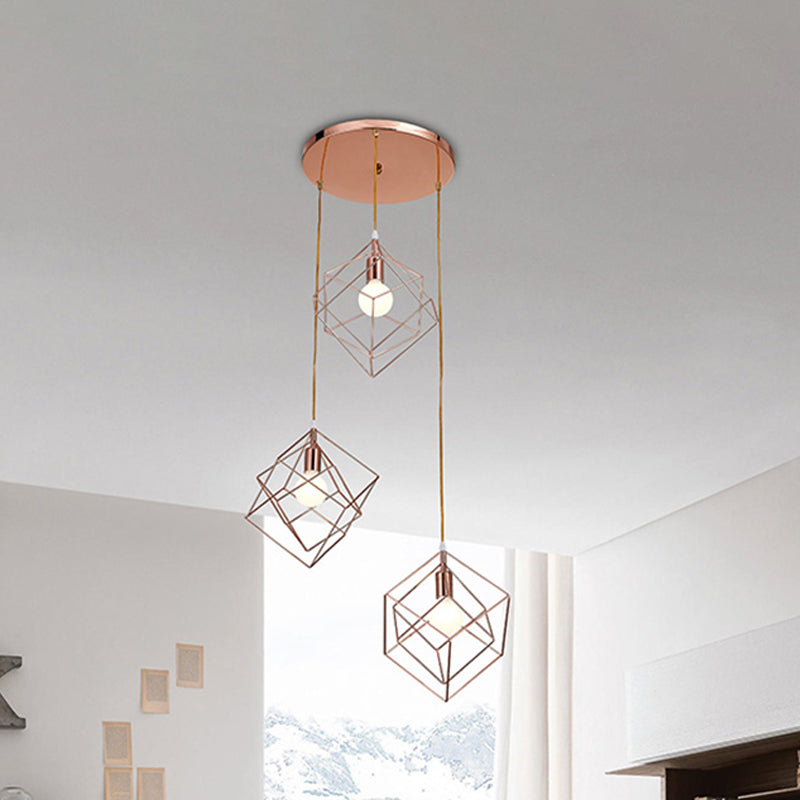 Modern Rose Gold Cube Cage Ceiling Light with 3 Bulbs and Round Canopy