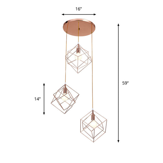 Modern Rose Gold Cube Cage Ceiling Light with 3 Bulbs and Round Canopy