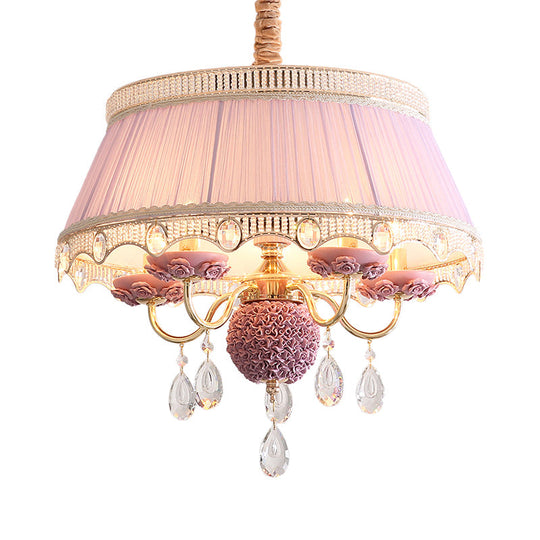 Pastoral Style Ceramic Chandelier with Hanging Light and Pleated Lamp Shade - Set of 5 Candlestick Bulbs in Pink/Blue/Light-Beige
