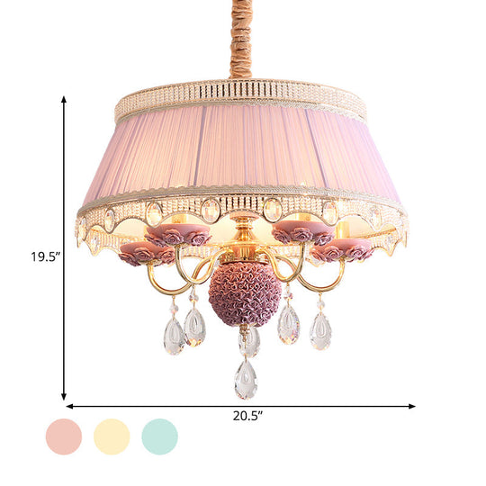 Pastoral Style Ceramic Chandelier with Hanging Light and Pleated Lamp Shade - Set of 5 Candlestick Bulbs in Pink/Blue/Light-Beige