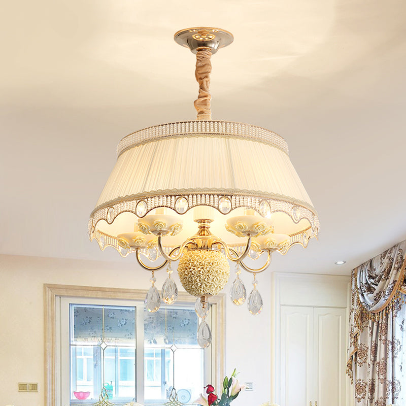 Pastoral Style Ceramic Chandelier with Hanging Light and Pleated Lamp Shade - Set of 5 Candlestick Bulbs in Pink/Blue/Light-Beige