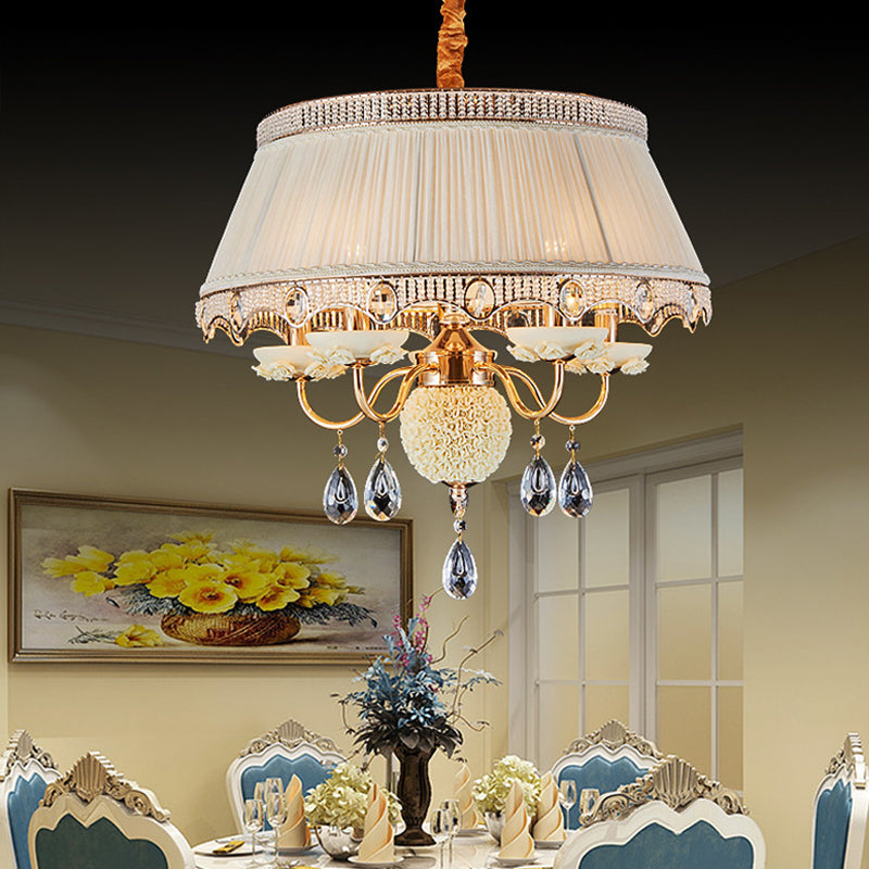 Pastoral Style Ceramic Chandelier with Hanging Light and Pleated Lamp Shade - Set of 5 Candlestick Bulbs in Pink/Blue/Light-Beige