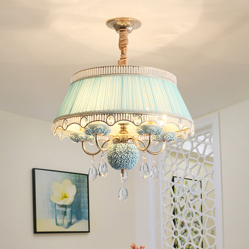 Pastoral Style Ceramic Chandelier with Hanging Light and Pleated Lamp Shade - Set of 5 Candlestick Bulbs in Pink/Blue/Light-Beige