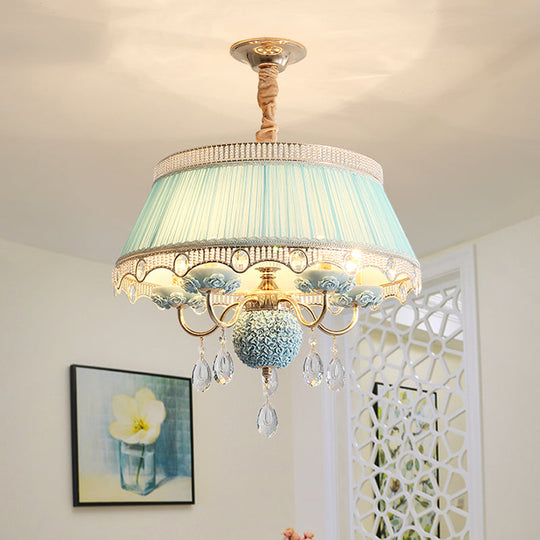 Pastoral Style Ceramic Chandelier with Hanging Light and Pleated Lamp Shade - Set of 5 Candlestick Bulbs in Pink/Blue/Light-Beige