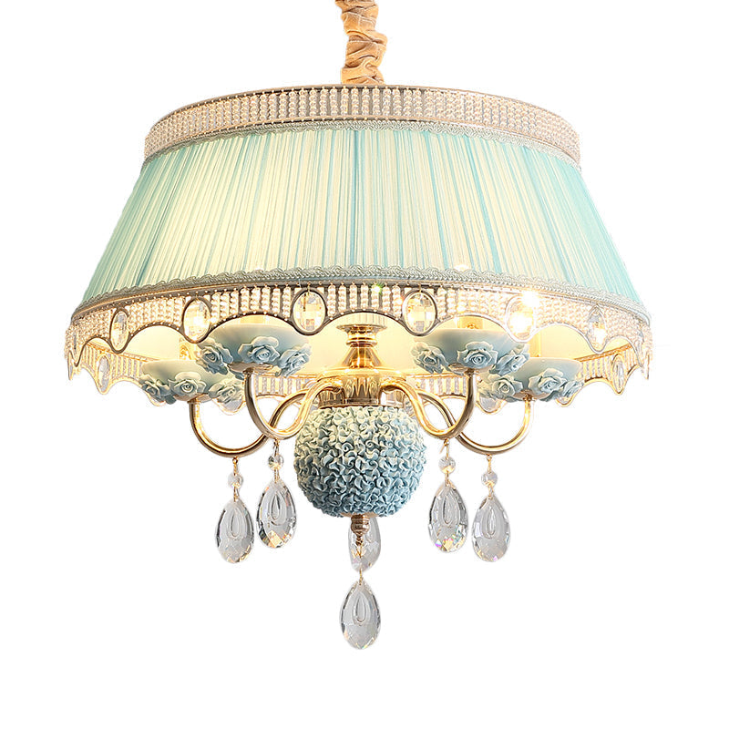 Pastoral Style Ceramic Chandelier with Hanging Light and Pleated Lamp Shade - Set of 5 Candlestick Bulbs in Pink/Blue/Light-Beige