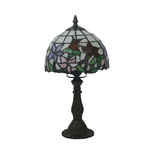 1-Light Baroque Style Stained Art Glass Nightstand Light with Bloom Pattern in Red/Pink for Bedroom