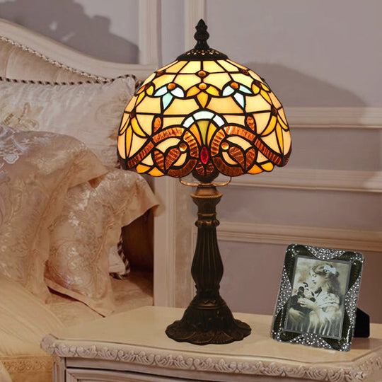 Tiffany Art Glass Night Lamp - Bowl Shaped Stained Glass Table Lighting in Yellow/Blue