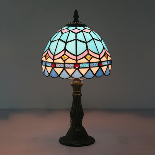 Tiffany Art Glass Night Lamp - Bowl Shaped Stained Glass Table Lighting in Yellow/Blue