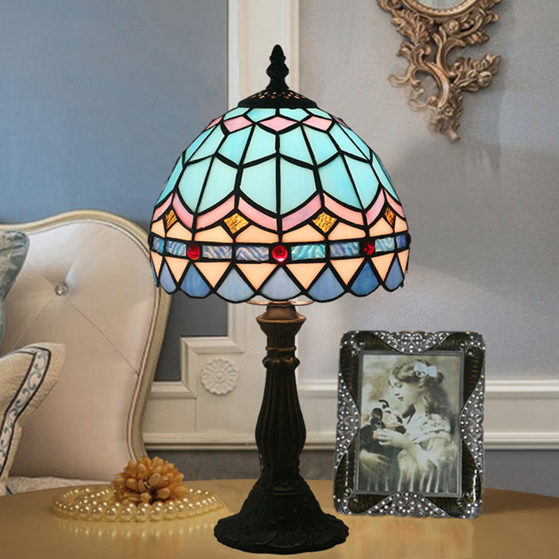 Tiffany Art Glass Night Lamp - Bowl Shaped Stained Glass Table Lighting in Yellow/Blue