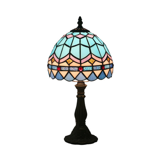 Tiffany Art Glass Night Lamp - Bowl Shaped Stained Glass Table Lighting in Yellow/Blue