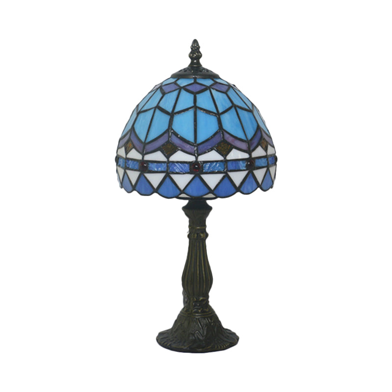Tiffany Art Glass Night Lamp - Bowl Shaped Stained Glass Table Lighting in Yellow/Blue