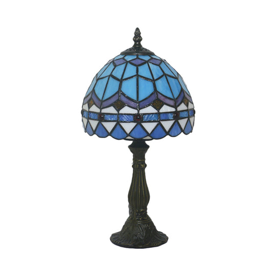 Tiffany Art Glass Night Lamp - Bowl Shaped Stained Glass Table Lighting in Yellow/Blue
