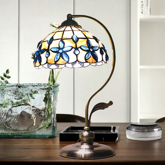 Bronze Tiffany Gooseneck Table Lamp with Floral Shell Lampshade - Single-Bulb Metal Night Light