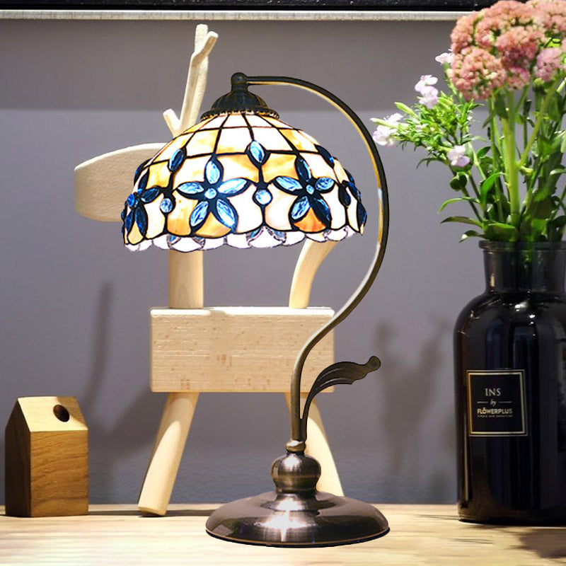 Bronze Tiffany Gooseneck Table Lamp with Floral Shell Lampshade - Single-Bulb Metal Night Light