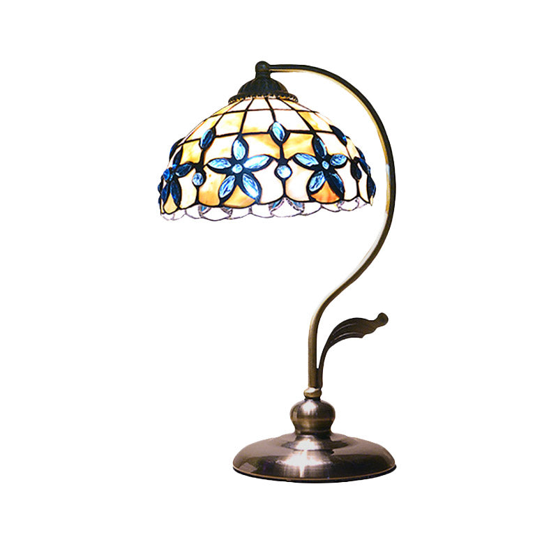 Bronze Tiffany Gooseneck Table Lamp with Floral Shell Lampshade - Single-Bulb Metal Night Light