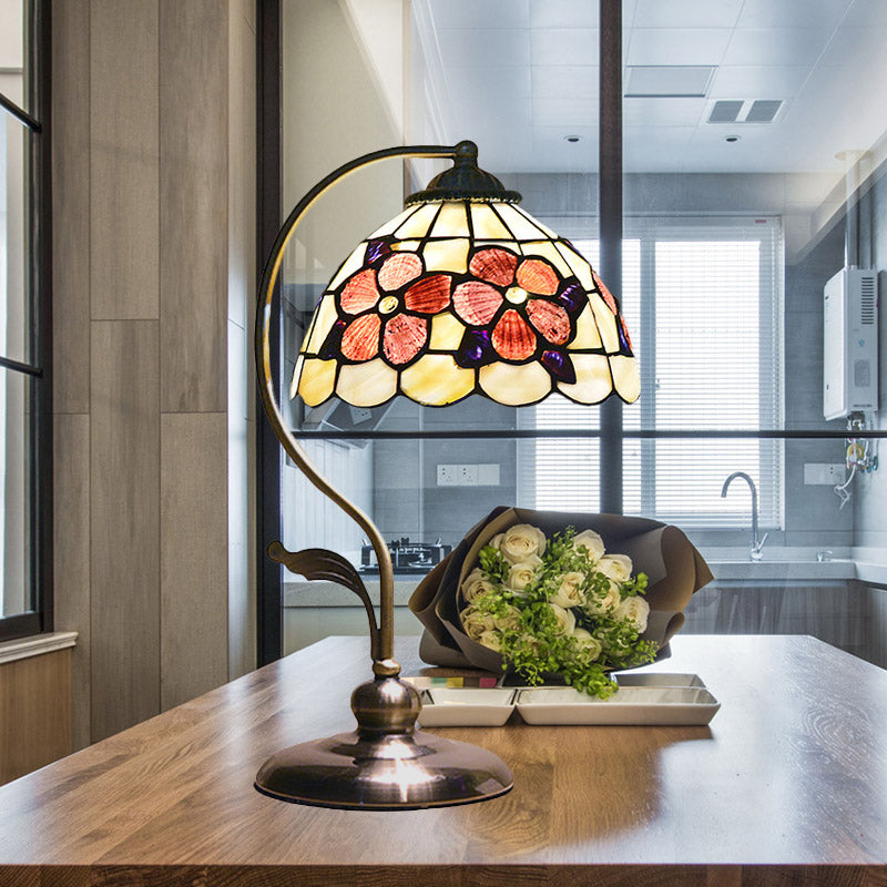 Red Shell Nightstand Lamp: Natural Mediterranean Style, Flower Pattern Design, 1 Head