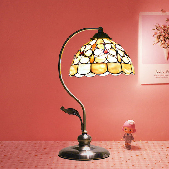 Tiffany Shell Table Lighting with Gooseneck Arm - White Bowl Night Stand Light