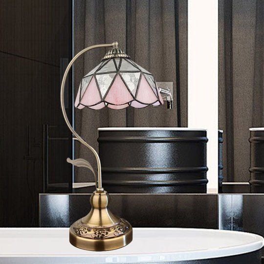 Barn Table Lamp with 1-Head: Pink and Silver Triangle-Cut Glass Tiffany Nightstand Light in Bronze