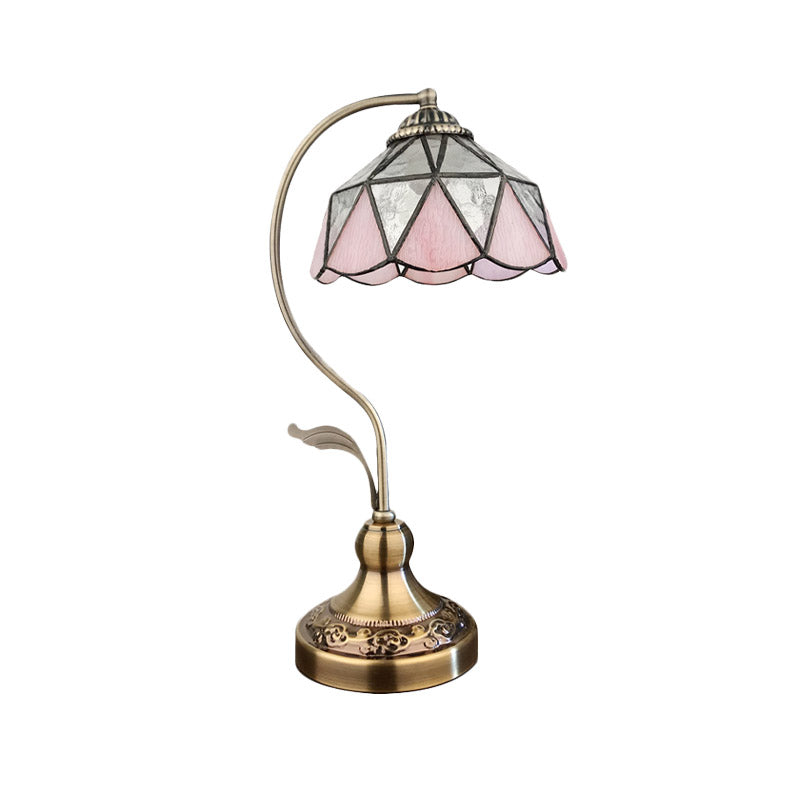 Barn Table Lamp with 1-Head: Pink and Silver Triangle-Cut Glass Tiffany Nightstand Light in Bronze