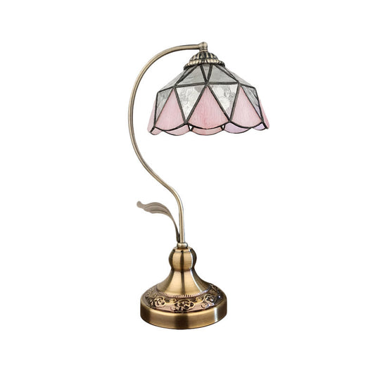 Barn Table Lamp with 1-Head: Pink and Silver Triangle-Cut Glass Tiffany Nightstand Light in Bronze