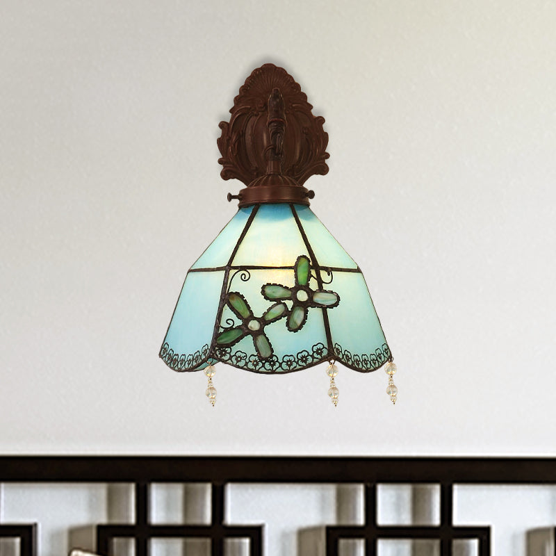 Mediterranean Metal Curved Arm Wall Light with Blue Glass Shade - Ideal for Dining Room