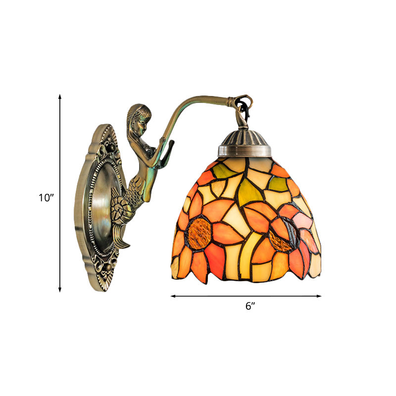 Victorian Sunflower/Floral Wall Sconce: Cut Glass Beige/Orange Bowl with Mermaid Arm