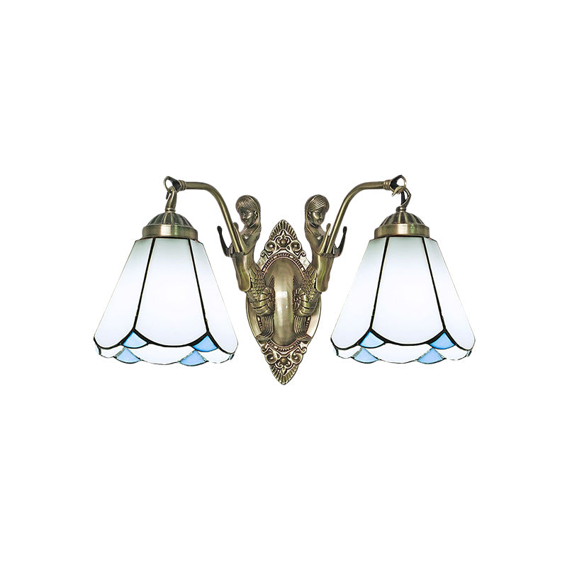 Conic Wall Mount Lamp with Double Mermaid Arm - White/Beige Glass Sconce Light Fixture