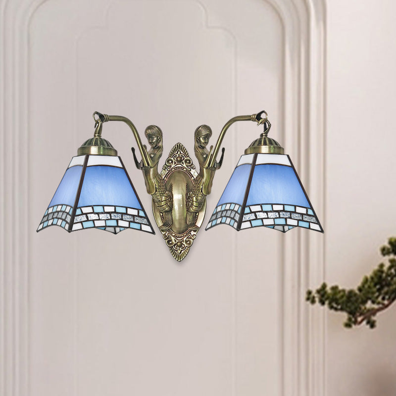 Mission Style 2-Light Blue Wall Mount with Hand Cut Swallowtail Glass and Mermaid Arm for Bedroom Lighting