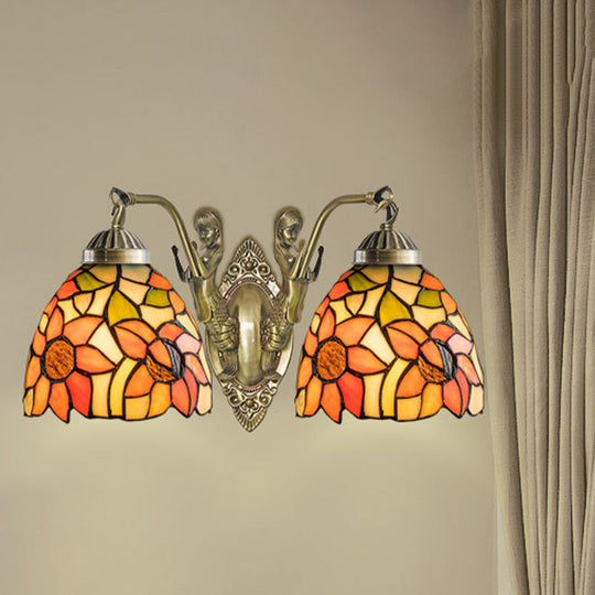Tiffany Stained Glass Dome Wall Sconce: 2-Bulb Beige/Orange Floral Pattern, Mermaid Arm for Bedroom Lighting