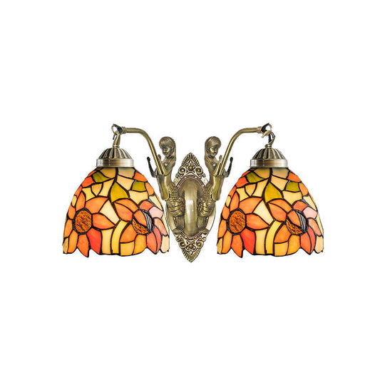 Tiffany Stained Glass Dome Wall Sconce: 2-Bulb Beige/Orange Floral Pattern, Mermaid Arm for Bedroom Lighting