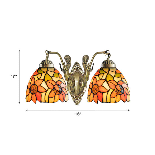 Tiffany Stained Glass Dome Wall Sconce: 2-Bulb Beige/Orange Floral Pattern, Mermaid Arm for Bedroom Lighting