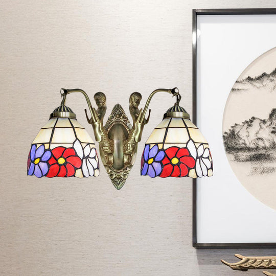 Tiffany Stained Glass Dome Wall Sconce: 2-Bulb Beige/Orange Floral Pattern, Mermaid Arm for Bedroom Lighting